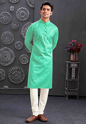 Printed Cotton Jacquard Kurta Set in Sea Green