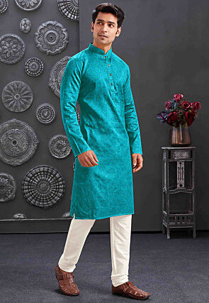 Printed Cotton Jacquard Kurta Set in Teal Blue