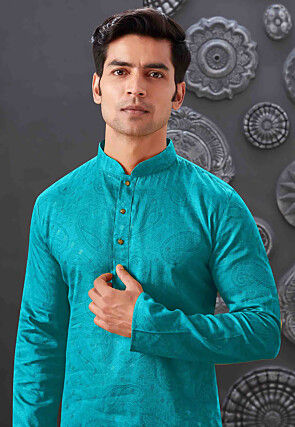 Printed Cotton Jacquard Kurta Set in Teal Blue