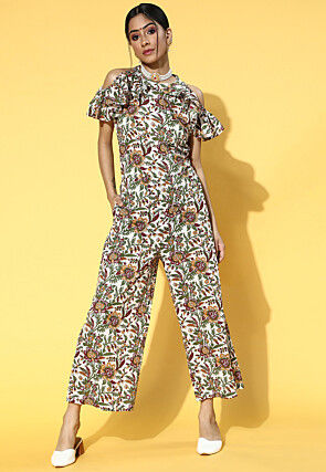 Printed Cotton Jumpsuit in White and Multicolor