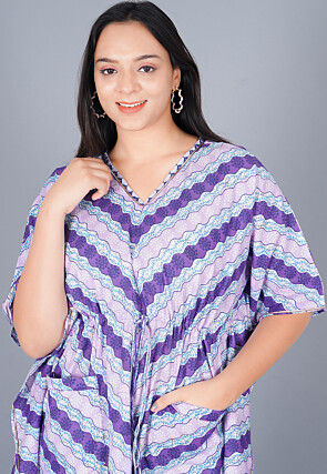 Printed Cotton Kaftan in Shaded Purple