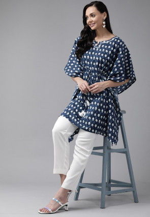 Printed Cotton Kaftan Top in Dark Blue