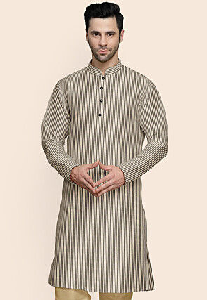 Printed Cotton Kurta in Beige and Grey