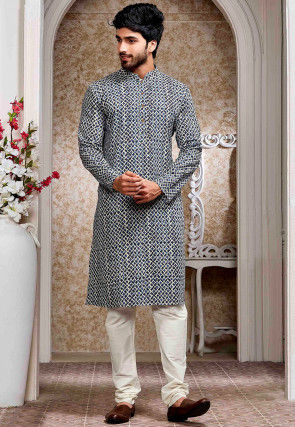 Printed Cotton Kurta in Blue and Off White