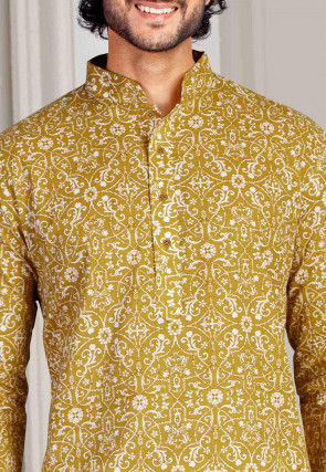 Printed Cotton Kurta in Olive Green