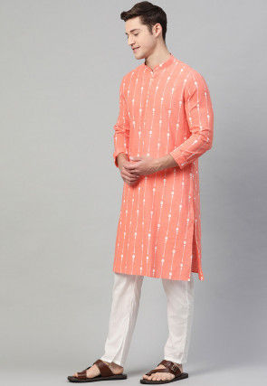 Printed Cotton Kurta in Peach