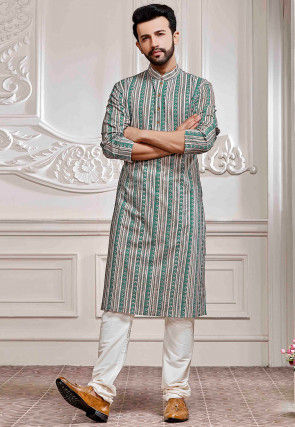 Printed Cotton Kurta in Teal Blue and Off White