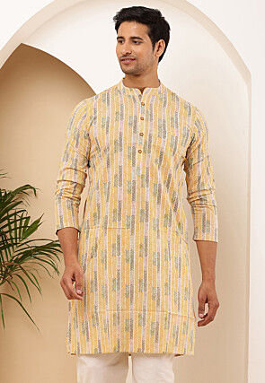 Printed Cotton Kurta in Yellow