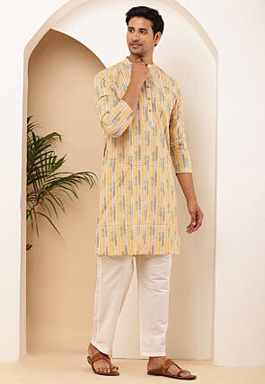 Printed Cotton Kurta in Yellow