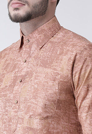 Printed Cotton Kurta Pajama in Light Rust