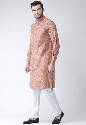 Printed Cotton Kurta Pajama in Light Rust