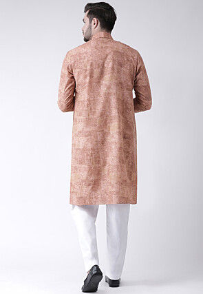 Printed Cotton Kurta Pajama in Light Rust