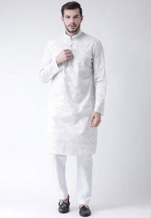 Printed Cotton Kurta Pajama in White