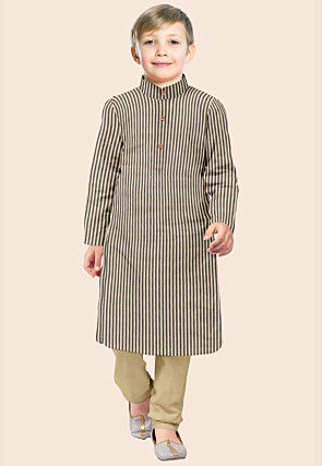 Printed Cotton Kurta Set in Beige and Grey