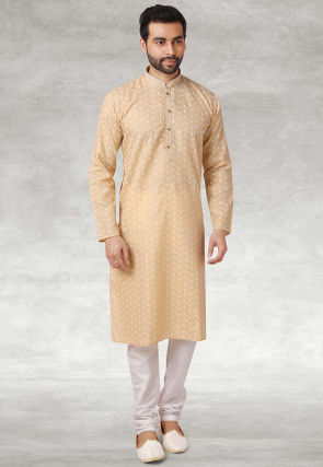 Printed Cotton Kurta Set in Beige
