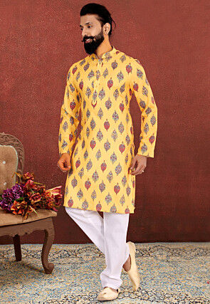 Printed Cotton Kurta Set in Beige
