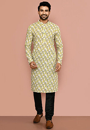 Printed Cotton Kurta Set in Off White