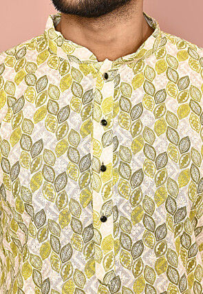 Printed Cotton Kurta Set in Off White