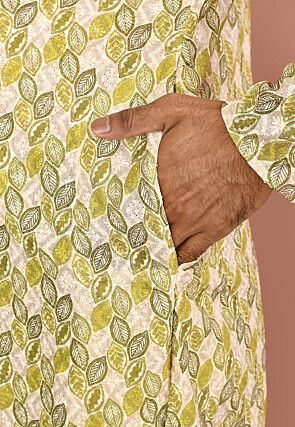 Printed Cotton Kurta Set in Off White