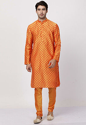 Printed Cotton Kurta Set in Orange
