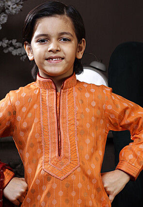 Printed Cotton Kurta Set in Orange