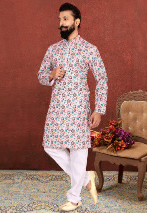 Kurta Set Salwar Kameez Peach-Coloured Printed Kurta with Trousers & Dupatta Pakistani Salwar Suit Pure Cotton Kurta Set