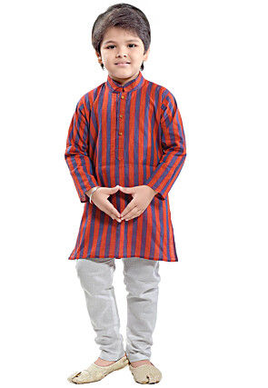 Printed Cotton Kurta Set in Rust and Blue