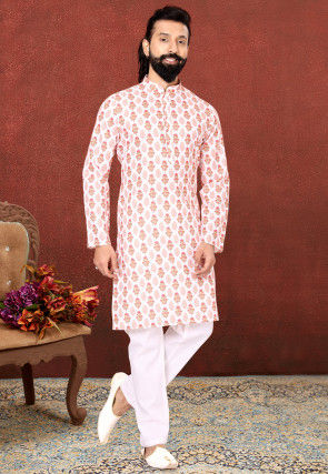 Printed Cotton Kurta Set in White and Pink