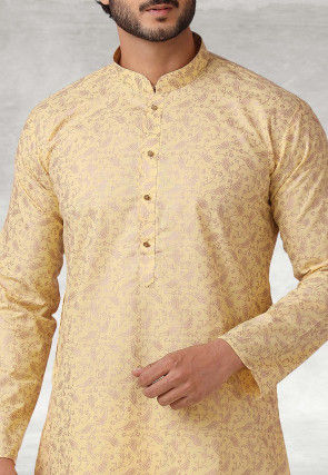 Printed Cotton Kurta Set in Yellow