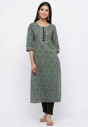 Printed Cotton Kurta with Pant in Dusty Green