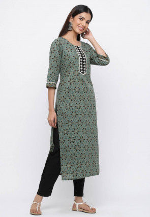 Printed Cotton Kurta with Pant in Dusty Green