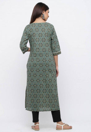 Printed Cotton Kurta with Pant in Dusty Green