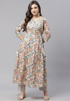 Printed Cotton Kurta with Pant in Multicolor