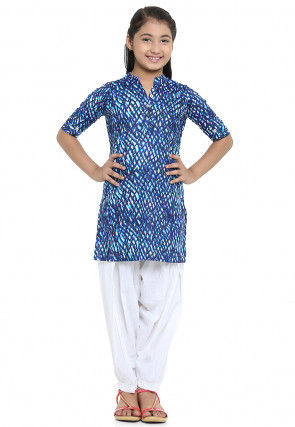 Printed Cotton Kurta with Salwar in Blue
