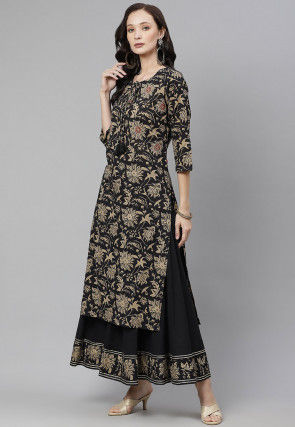 Printed Cotton Kurta with Palazzo in Black