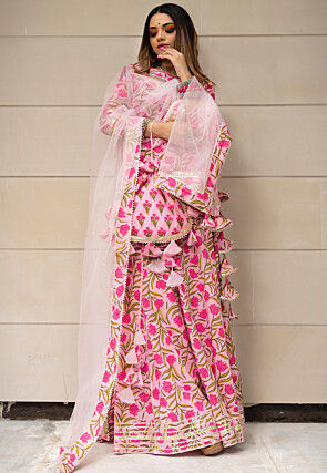 Printed Cotton Lehenga in Baby Pink