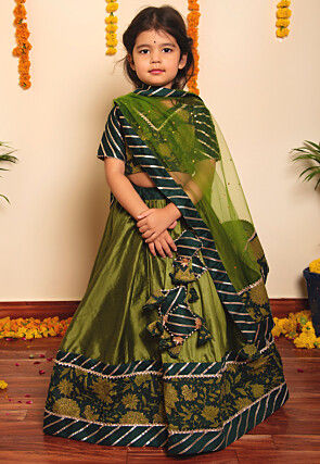 Printed Cotton Lehenga in in Olive Green