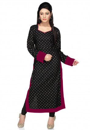 Printed Cotton Long Kurta in Black