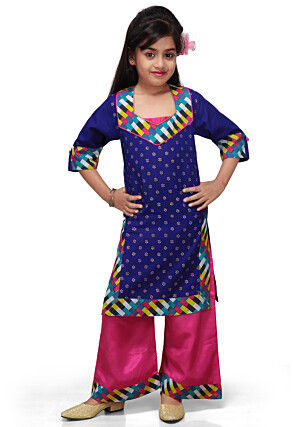 Printed Cotton Long Kurta with Palazzo in Navy Blue