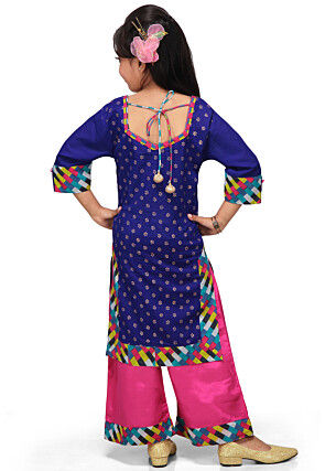 Printed Cotton Long Kurta with Palazzo in Navy Blue