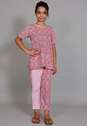 Printed Cotton Long Top Set in Grey and Pink