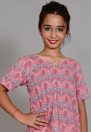 Printed Cotton Long Top Set in Grey and Pink