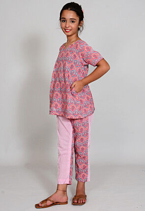 Printed Cotton Long Top Set in Grey and Pink