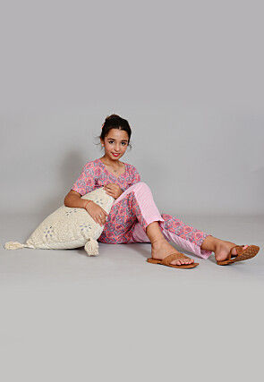 Printed Cotton Long Top Set in Grey and Pink