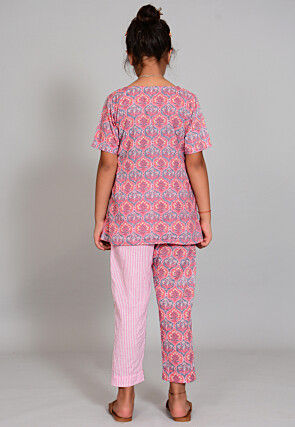 Printed Cotton Long Top Set in Grey and Pink