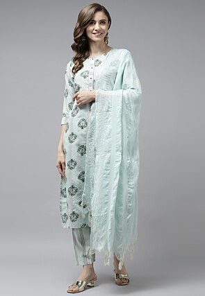 Printed Cotton Lurex Pakistani Suit in Light Blue