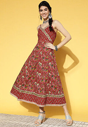 Printed Cotton Maxi Dress in Red