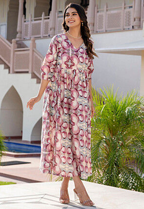 Printed Cotton Midi Dress in Purple