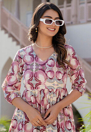 Printed Cotton Midi Dress in Purple