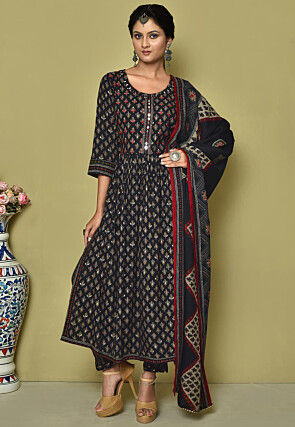 Printed Cotton Muslin A Line Suit in Black